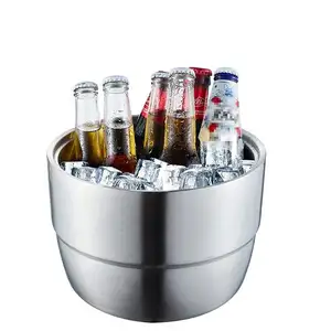 Custom Stainless Steel 5 Liter Night Club Drink Tub Champagne Beer Bar With Wooden Covered Ice Bucket