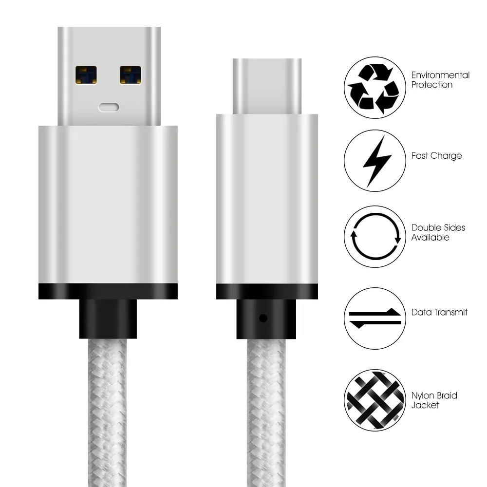 Cable de datos con nailon trenzado, Cable USB 3,0 a tipo C de carga rápida 3A para cargador de teléfono Android