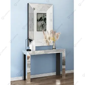 2021 Modern Luxury Living Room Furniture Glass Hallway Entry Table Silver Mirrored Lines Console Tables With Wall Mirror Set