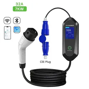 Cargador EV portátil de 32A con control de aplicación, pantalla de 7KW EVSE de 2,8 pulgadas compatible con sincronización y carga EV de ajuste de corriente