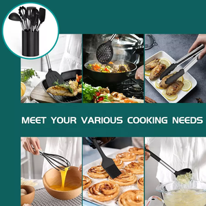 Ustensiles de cuisine gris foncé en acier inoxydable avec manche en silicone, ensemble d'ustensiles de cuisine avec seau de rangement - Product Image 5