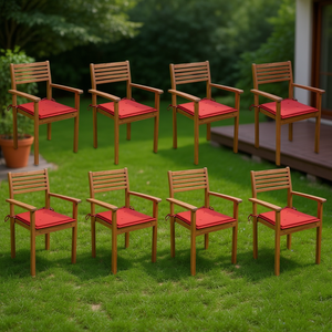 Set di 8 sedie da giardino in teak marrone, mobili da esterno in legno massello con cuscini rossi, design contemporaneo - Product Image 2