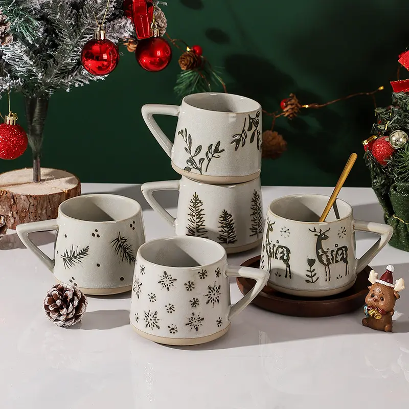 HY-taza de café de cerámica vintage, vaso de cerámica rugosa europeo que cambia de oreja, navidad