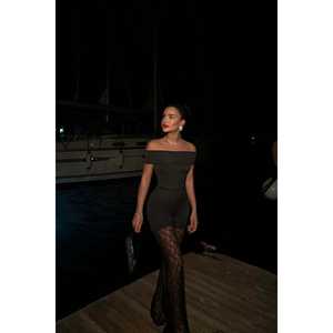 Mono negro con estampado floral y detalle de encaje de cinta, tejido de punto para verano y otoño - Product Image 6