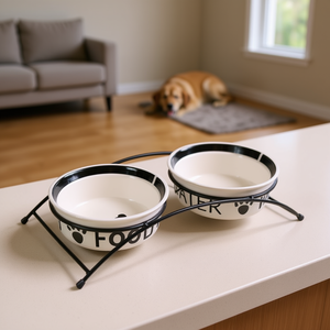 Juego de comederos de cerámica con soporte, 2 x 0.6 L, 15 cm, blanco y negro, para perros y gatos, para comida y agua - Product Image 3