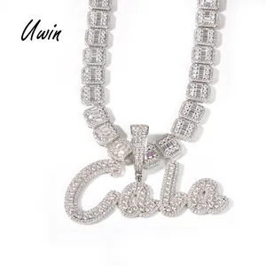 Personalized Letter Brush Cursive Name Pendant with Square Cut Baguette CZ Chain Women Men Bling Thick Name Necklace