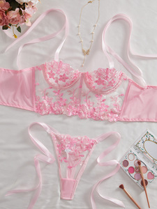 <b>Sexy</b> Mesh Flower Embroidered Bow Strap Bra Women Erotic Underwire Push up Lingerie <b>Set</b> - Product Image 2