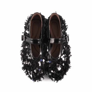 Chaussures <span class=keywords><strong>de</strong></span> ballet pour femmes en sequins noirs <span class=keywords><strong>de</strong></span> luxe 2024, mélange <span class=keywords><strong>de</strong></span> plumes, légères, antidérapantes, bout rond, plates, chaussures Mary Jane - Product Image 2