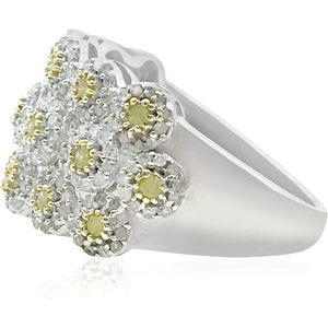 Anillo de Plata de Ley con Racimo de Flores de Diamantes Naturales Blancos y Amarillos de Corte Redondo, Anillo de Boda para Mujer, 1.12 Cttw - Product Image 3