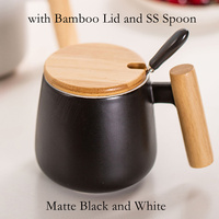 Taza de café de cerámica blanca y negra mate nórdica personalizada con tapa de mango de madera, juego de tazas de café de cerámica con cuchara