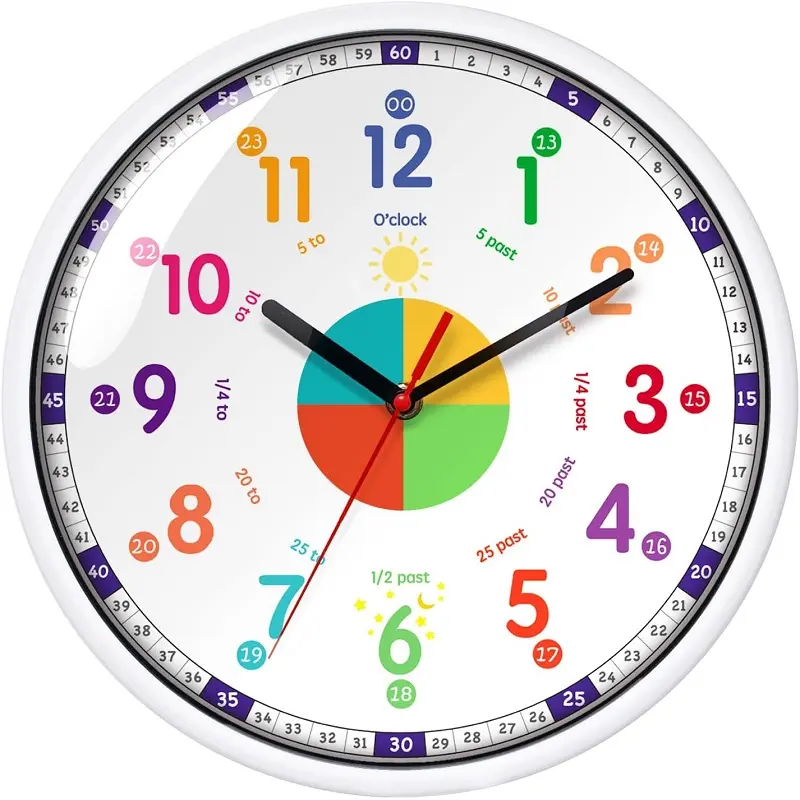 Reloj de pared Time Teacher para aprender a decir la hora, reloj de pared colorido para niños, reloj de pared educativo silencioso de plástico de 12 pulgadas