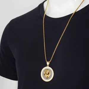 Black Painting Gold Lion Wall Pattern Carved Circular Necklace Hip Hop Style