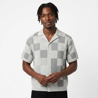 Chemise à carreaux en tricot crocheté - Gris, manches courtes, jersey de coton, logo personnalisé, maille ajourée, crocheté, respirant, pull pour homme