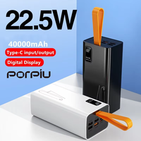 PORPIU Grande Capacité Portable 40000Mah Power Bank PD22.5W Charge Rapide 20W Sortie LED Affichage Poignée Power Banks