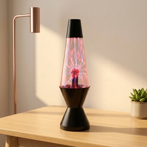 Lampada al Plasma Elettrica da Interno con Base Nera, Vaso Conico Trasparente, Controllo Touch Interattivo e Tentacoli Rosa Fluorescenti - Product Image 1