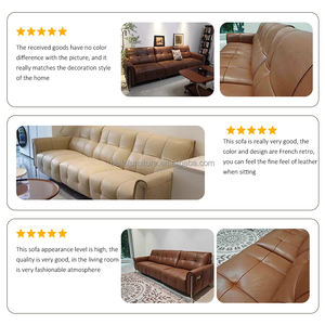 Ensemble de canapés sectionnels en cuir minimalistes modernes de style rétro luxueux et léger avec cadre en bois mi-ancien pour le salon - Product Image 4