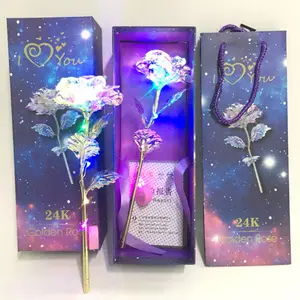 Galaxy Rose Pelangi Bunga dengan Lampu LED 24K Emas Foil Rose untuk Hari Valentine Hari Ibu Hadiah Ulang Tahun