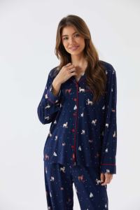 طقم بيجامة قطنية بأكمام طويلة مع طباعة مخصصة، ملابس نوم مع حواف مزخرفة، ملابس منزلية من المودال، بيجامات من الخيزران للنساء - Product Image 3