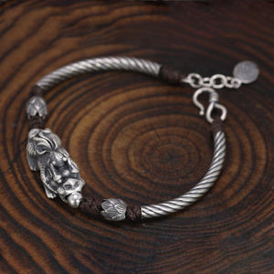 Pixiu — <span class=keywords><strong>Bracelet</strong></span> en <span class=keywords><strong>cuir</strong></span> pour hommes et femmes, bijoux porte-bonheur, avec corde ajustable, en argent 999, à la mode, motif feuille de <span class=keywords><strong>Lotus</strong></span>, poisson - Product Image 2