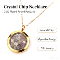 Collier avec pendentif flottant rond en verre et copeaux de cristal naturel, en acier inoxydable plaqué or, pierre de guérison