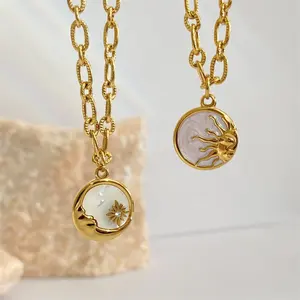 New Arrival 2022 Fashion Mother Pearl White Shell Necklace Zircon Coin Charm 18K Gold Plated Women Star Sun Moon Necklace
