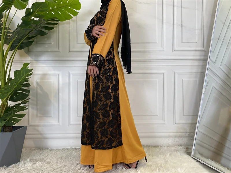 9060#Summer Yellow  With Black Lace Long Sleeve Dresses - CHAOMENG MUSLIM SHOP