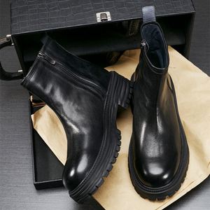 Nouvelles bottes en cuir pour hommes, tendance, polyvalentes, à tige haute et semelle épaisse, pour le travail - Product Image 4