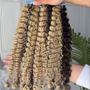 Extensions de cheveux humains en trame de ruban PU, ondulations profondes, couleur piano blond-brun mélangé, fournisseur en gros - Product Image 2