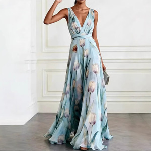 Vestido de Noche Largo con Estampado de Tulipanes Azules, Cuello en V, Sin Mangas, Cintura Natural, Cierre Frontal, Transpirable, para Banquetes - Product Image 1
