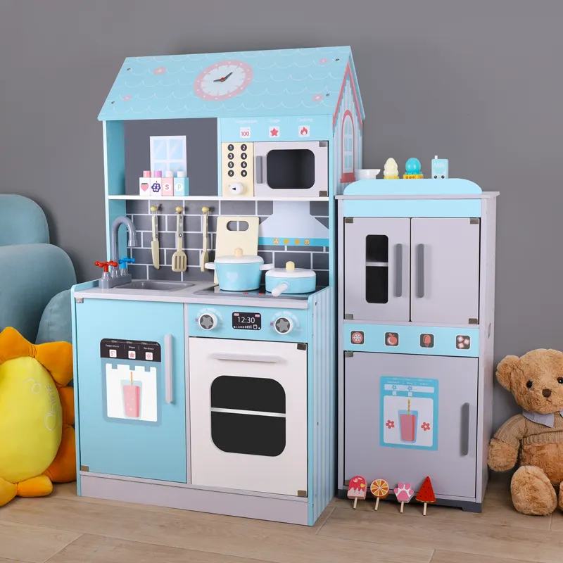 Casa de muñecas de madera para niños, 2 en 1 juguete de simulación de cocina, juego de simulación, juego de cocina