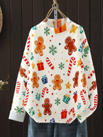 Suéter Navideño con Cuello Redondo y Estampado de Hombre de Jengibre para Mujer, Tejido por Computadora, con Estampado por Transferencia Térmica, Informal, para Uso Diario y Festivo
