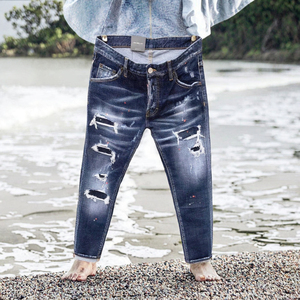 <span class=keywords><strong>Jeans</strong></span> da <span class=keywords><strong>Uomo</strong></span> di <span class=keywords><strong>Alta</strong></span> Qualità Traspiranti a <span class=keywords><strong>Vita</strong></span> Media con Toppe e Strappi, Pantaloni Denim Dritti Casual Stile Streetwear per Tutte le Stagioni - Product Image 2