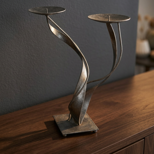 Vintage Twisted Ribbon Handmade Pillar Candle Holder Christmas Mid Century Modern Wrought Iron Brutalist Style Antiqued Silver - Product Image 2