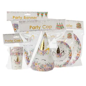 QAKGL piring sekali pakai Unicorn dan kertas serbet perlengkapan pesta Unicorn Set peralatan makan metalik dekorasi pesta ulang tahun Baby Shower