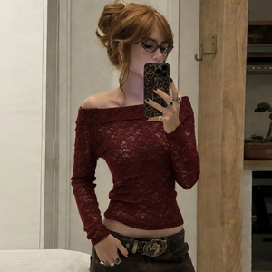 Haut asymétrique femme en dentelle transparente, coupe ajustée, manches longues, style rétro, sexy, pour un look tendance, comme une sous-vêtement. - Product Image 4