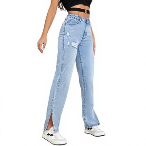 Jeans de Pierna Recta de Cintura Alta Personalizados para Mujer |   Pantalones Vaqueros Tejidos Transpirables con Lavado Enzimático Ecológico |   Vaqueros casuales con abertura lateral - Product Image 2