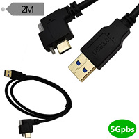 Cable de Datos USB 3.0 Estándar de 2 m con Conector USB Tipo-C de 90 Grados Chapado en Oro, Montaje en Panel con Doble Tornillo y Cubierta de PVC con Bloqueo para Cámara