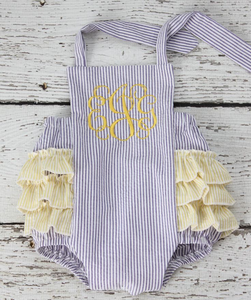 Оптовая продажа детской одежды: летние комбинезоны из сирсакера, ромперы для новорожденных с монограммой и оборками, комплекты ромперов для малышей - Product Image 6