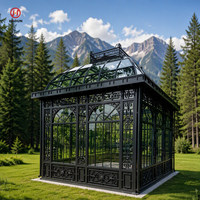 Pavillon de jardin en verre en fer forgé noir, véranda de luxe en métal pour villa, abri de jardin pour cour arrière