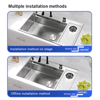 Évier de cuisine multifonction en acier inoxydable 304 à cuve unique avec panneau de robinetterie moderne, cascade et fonction de lavage de verres