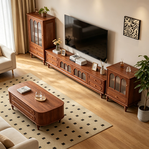 Mueble de TV Tradicional de Madera Maciza con Cajones de Almacenamiento y Puertas de Vidrio para Sala de Estar, Compatible con Televisores de 65 Pulgadas o Más, Montaje en Suelo - Product Image 3
