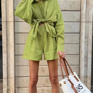 OEM 2025 Women's Casual Cotton <b>Linen</b> <b>Set</b> New Style Solid Shirt Shorts Button Decoration Daily Wear Canvas Fabric Hot Selling - Product Image 2