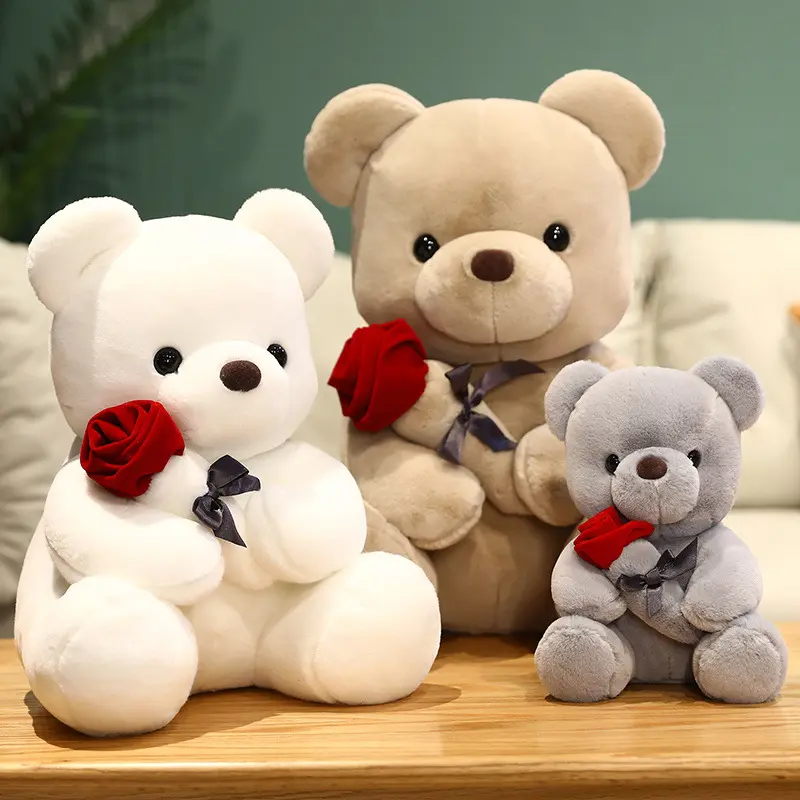 Wholesale 35cm Soft Stuffed Toy Valentines Teddy Bear With Rose Flowers For Girlfriend