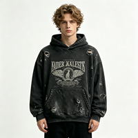 Sweat à capuche pour homme en coton épais, effet vieilli et déchiré, avec impression graphique emblème d'aigle et délavage acide, vente en gros fabricant