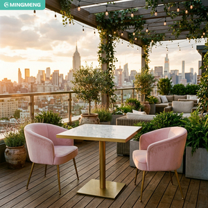 Ensemble de mobilier commercial pour café : banquette capitonnée en L, chaise de salle à manger en velours, table de restaurant avec plateau en marbre et base dorée - Product Image 2