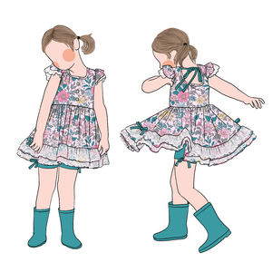 2025 toptan özel yeni dantel yay şort prenses elbise etek çiçek kısa kollu kız fırfır kollu tunik seti - Product Image 2