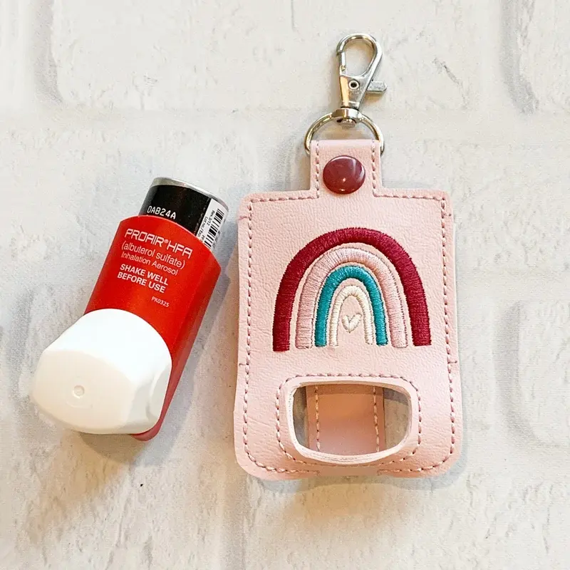 Rainbow Inhaler Pouch PU Leather Cute Asthma Inhaler Case Cover Embroidery Inhaler Holder Keychain Carrying Case