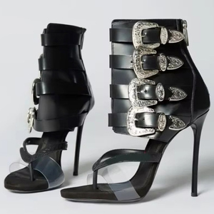 Summer Single PVC Band Clip Toe Ankle <b>Boots</b> Women Belt Metal Buckles Patchwork Short <b>Boots</b> High Heels Back Zipper Shoes - Product Image 4