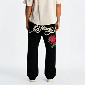 Pantalon en jean ample taille mi-haute brodé de fleurs rétro avec motifs crâne et rose, coupe large délavée pour le style Hip Hop Street - Product Image 2