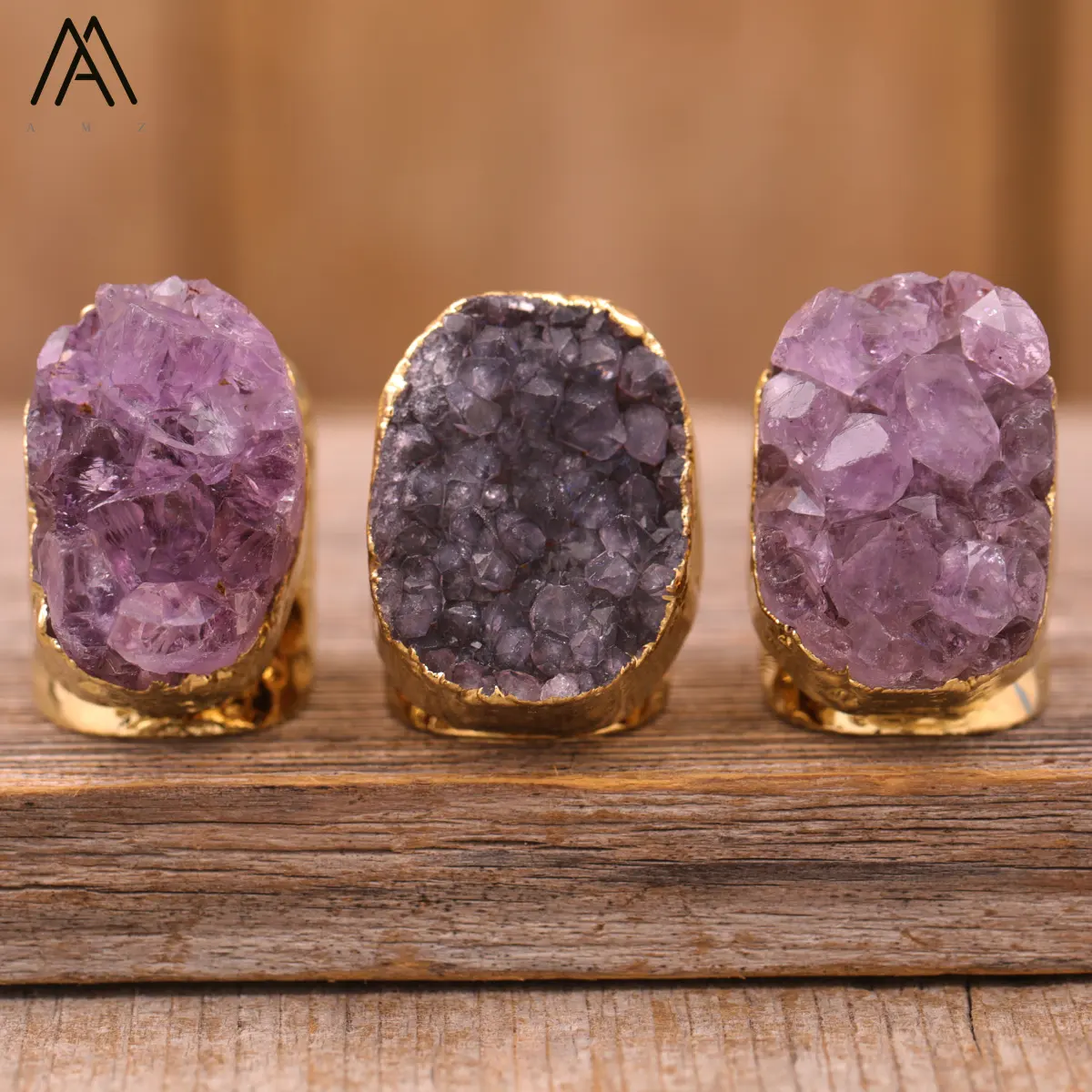 Raw Amethyst Crystal Cluster Gold Ring Open Bands for Men Jewelry